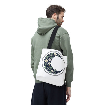 Floral Crescent Moon Tote Bag — Botanical Moon Phase Shopper