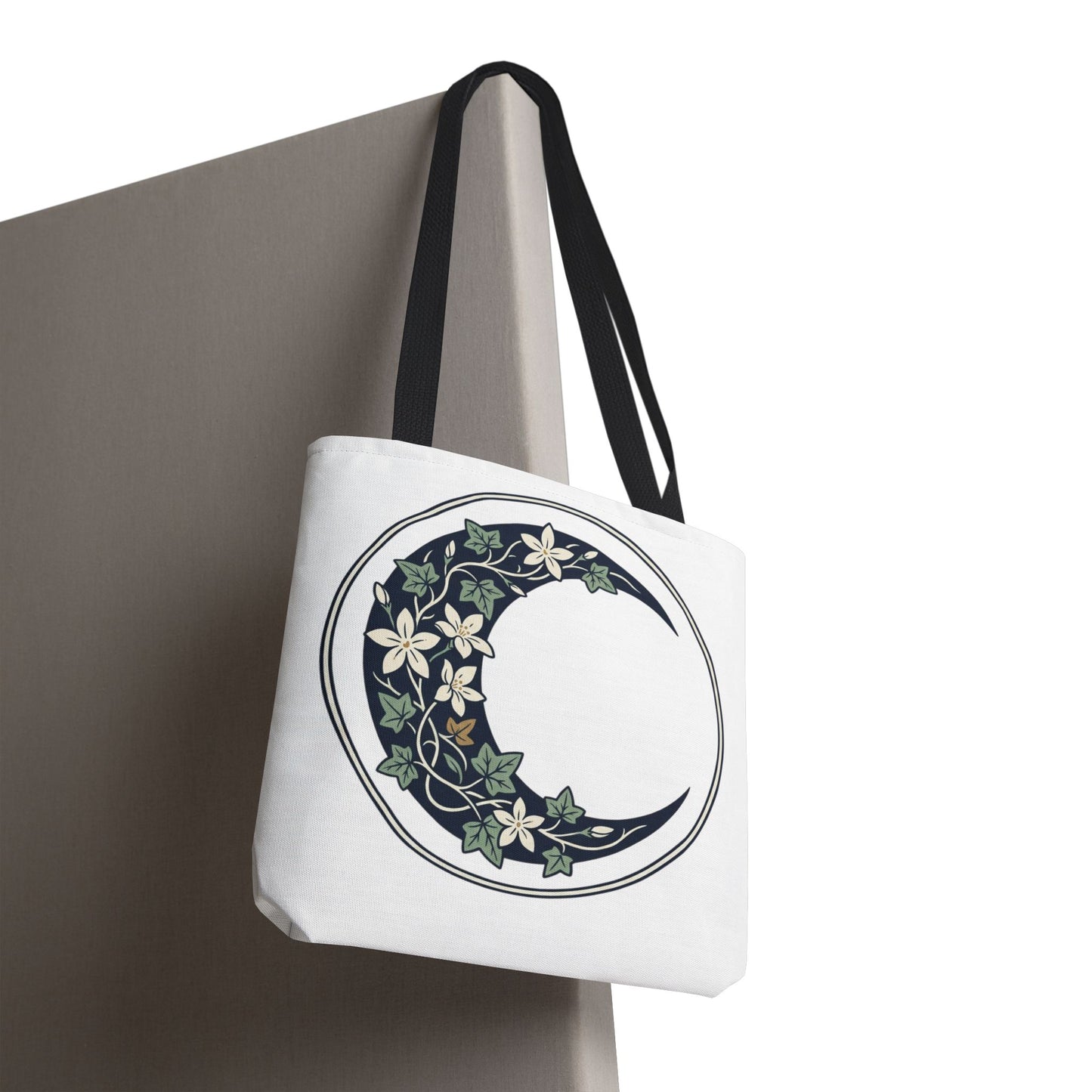 Floral Crescent Moon Tote Bag — Botanical Moon Phase Shopper