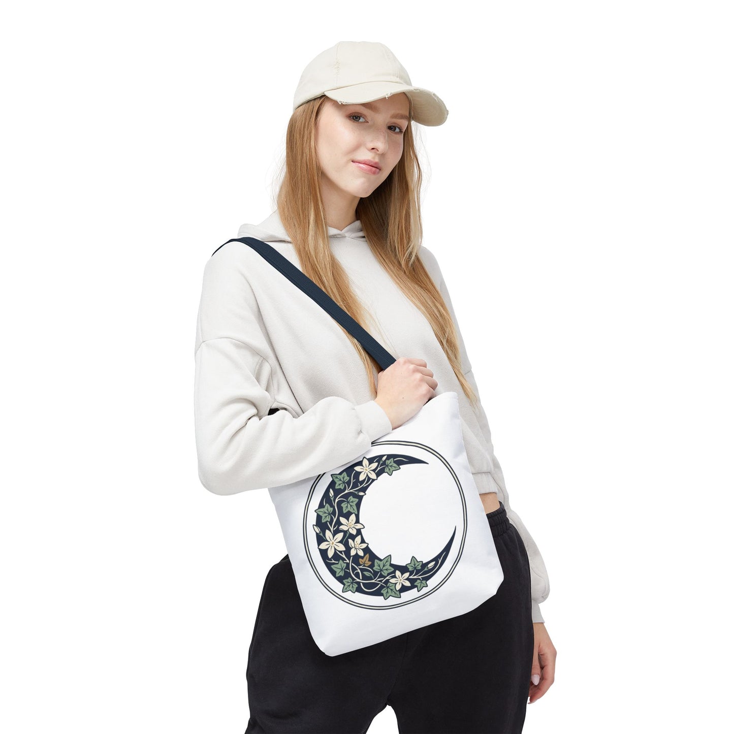 Floral Crescent Moon Tote Bag — Botanical Moon Phase Shopper