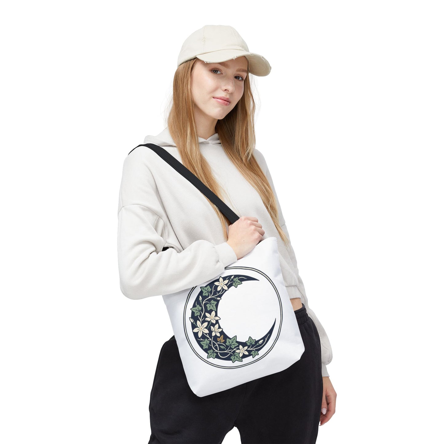 Floral Crescent Moon Tote Bag — Botanical Moon Phase Shopper