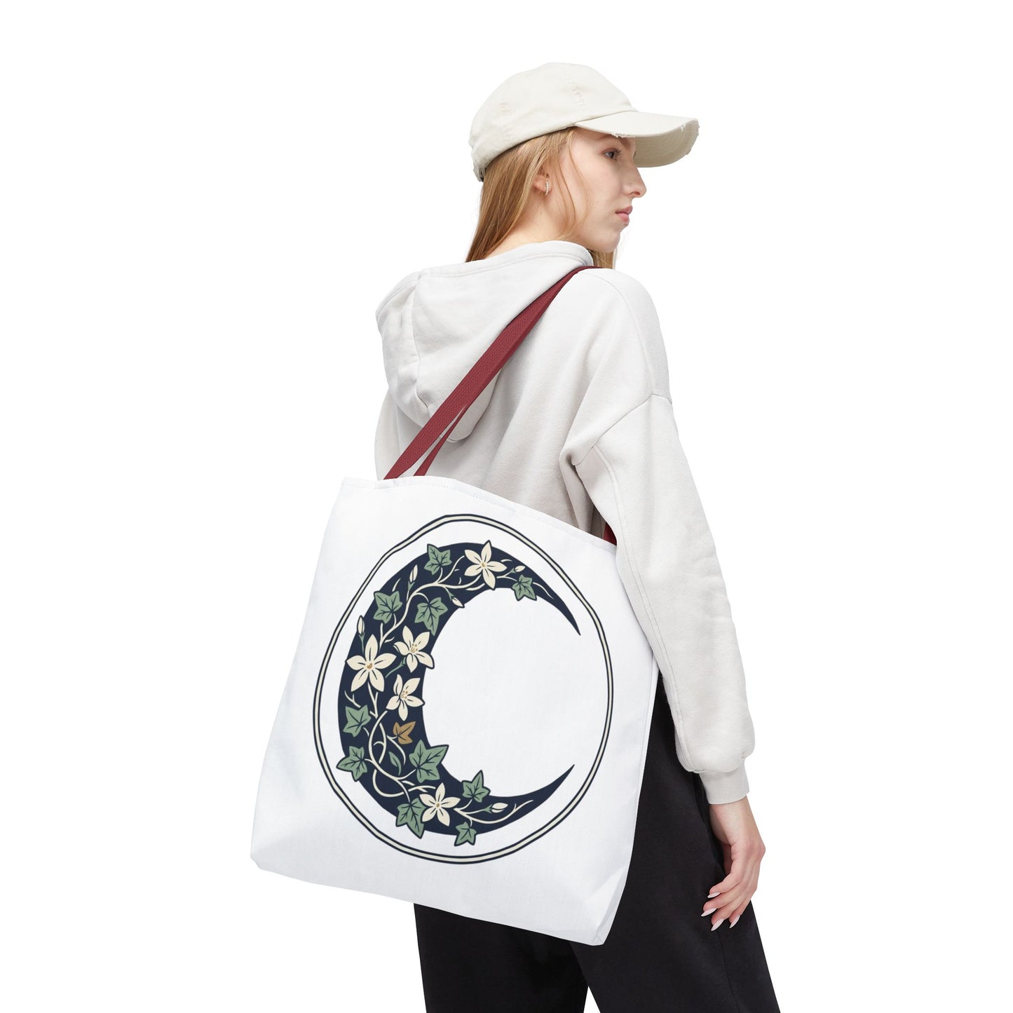 Floral Crescent Moon Tote Bag — Botanical Moon Phase Shopper