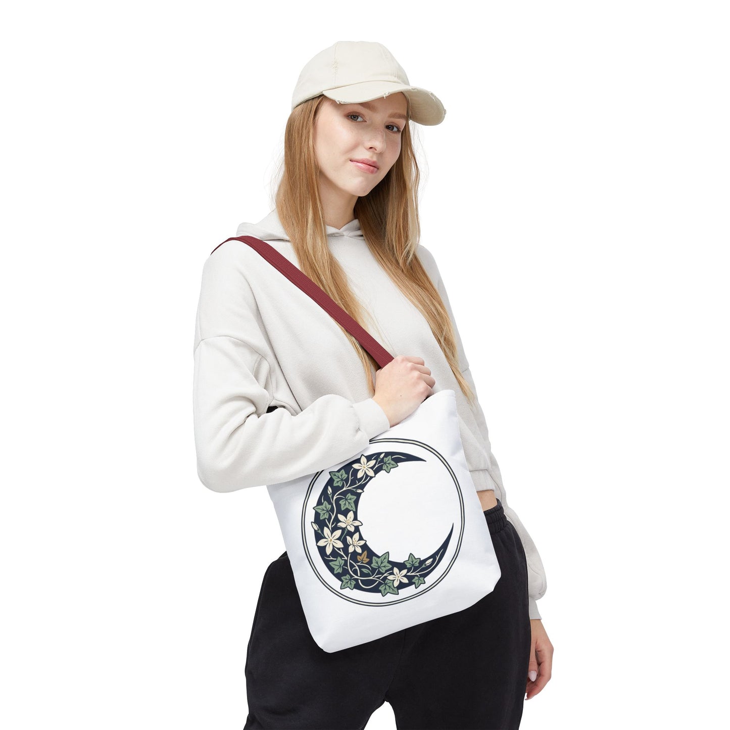 Floral Crescent Moon Tote Bag — Botanical Moon Phase Shopper