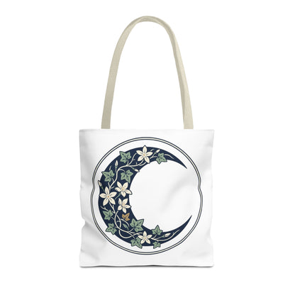 Floral Crescent Moon Tote Bag — Botanical Moon Phase Shopper