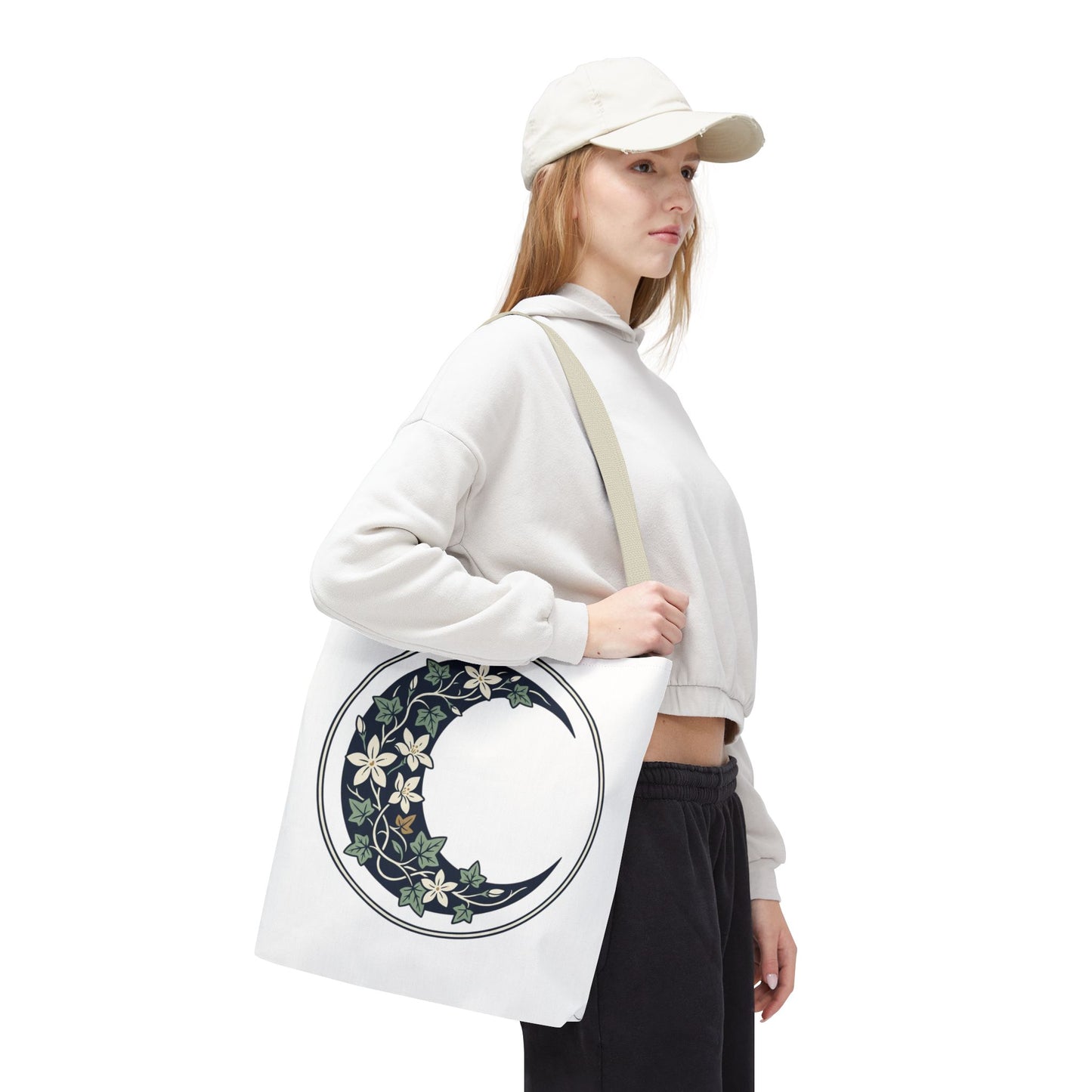 Floral Crescent Moon Tote Bag — Botanical Moon Phase Shopper