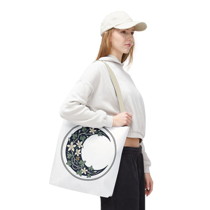 Floral Crescent Moon Tote Bag — Botanical Moon Phase Shopper